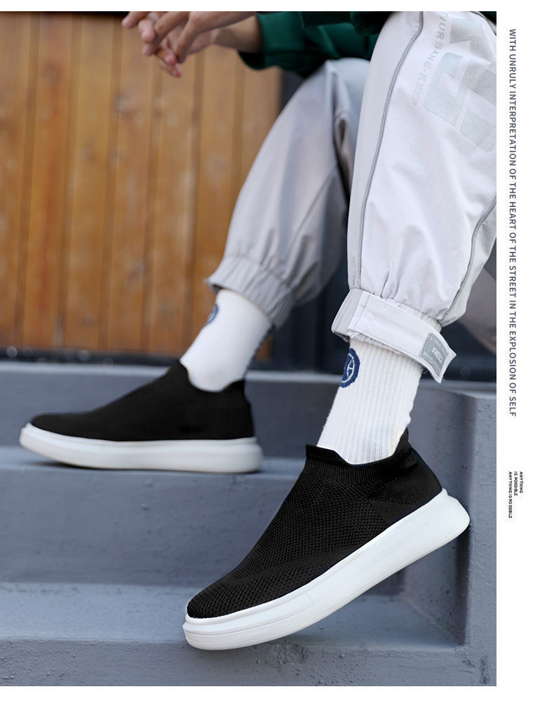 All black 45 breathable large size fly woven lazy foot men's sports and leisure shoes_voghion.com