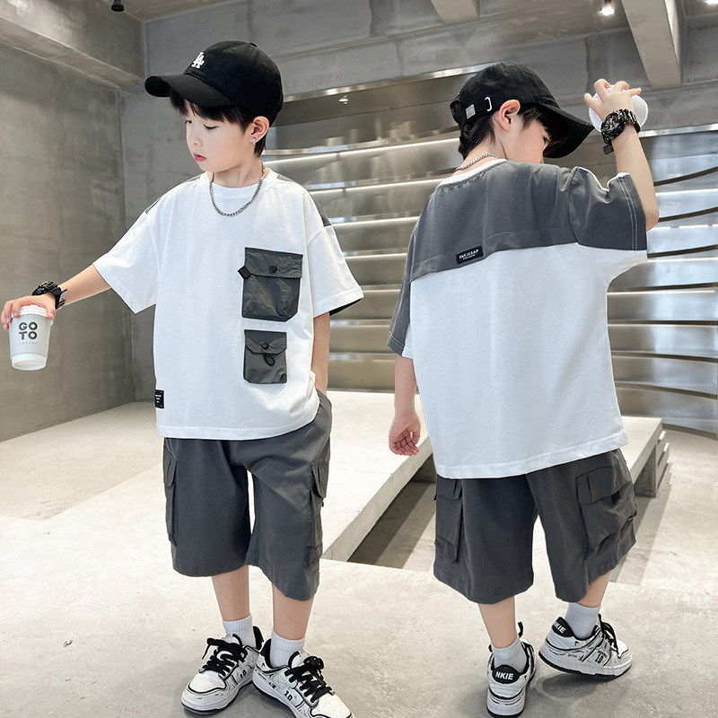 Children's Clothing Boys' Summer Suit 2026 Medium and Large Children's Color-Blocked Short-Sleeved T-Shirt and Shorts Two-Piece Set Cross-Border Wholesale
