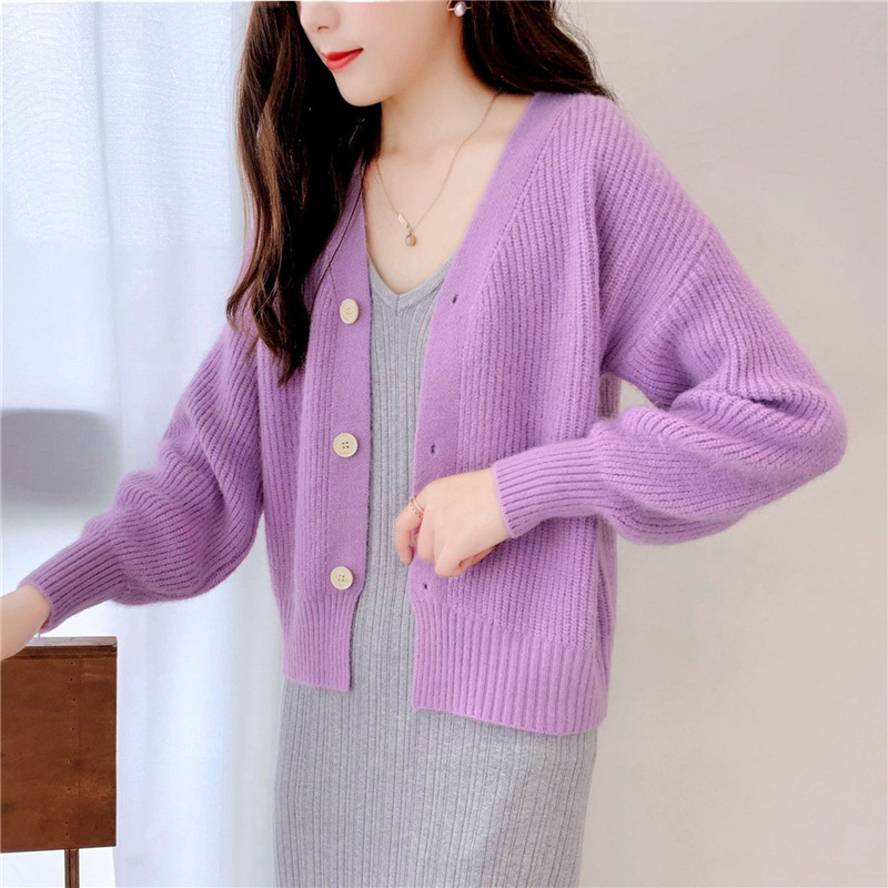French V-Neck Candy Color Long Sleeve Cardigan Women's Loose Knit Sweater Coat Casual Elegant Outerwear_ecoleips.com