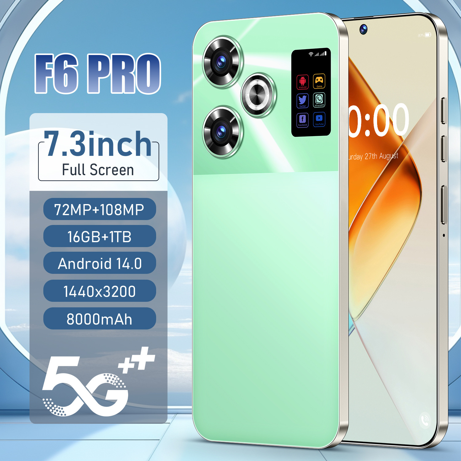 跨境新款F6 Pro 7.3英寸安卓智能手机16+1T工厂直销可Temu代发