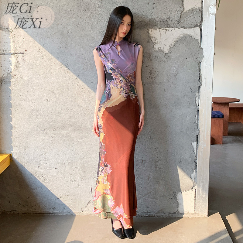 在庫あり、女性用の新しい中国風の前後着用可能なコントラストカラーのチャイナドレス、プリントフィッシュテールベストドレス、改良された国民風チャイナドレス|undefined