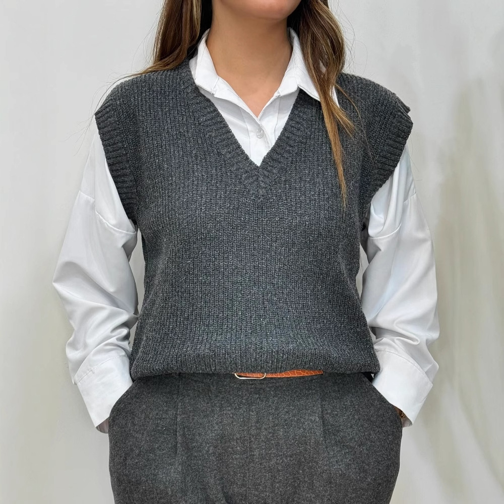 2024 otoño nuevo estilo europeo y americano Amazon transfronterizo casual versátil camiseta de punto de cuello en V suelta chaleco de punto