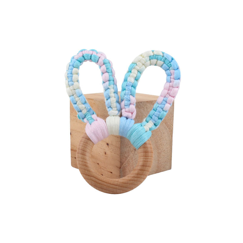 DIY bebé creativo Haya Orejas de conejo mordedor pulsera tejida a mano de algodón cuerda juguete dientes de bebé palo de molienda