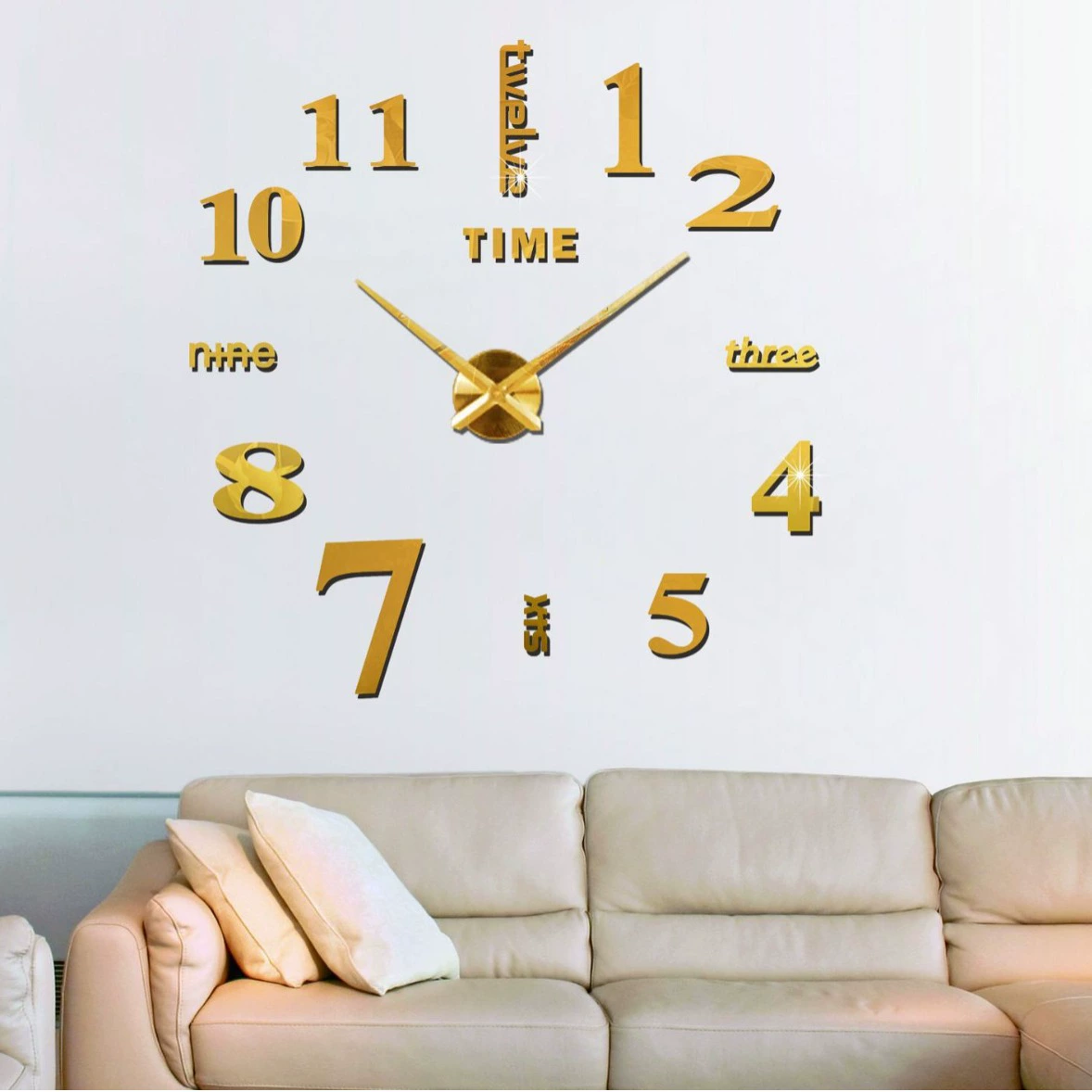 Oversized DIY Wall Clock, EVA Mirror Panels, 120×120 cm, Silver/Gold/Black Options