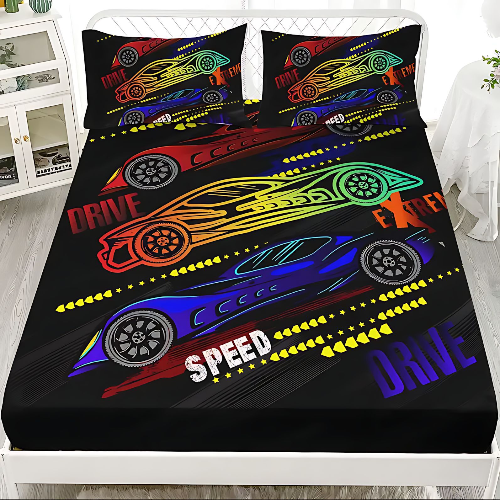 TEMU / JIT Cross-border neon luminoso coche deportivo 3D impresión digital cama gaza pillow kit para dibujar