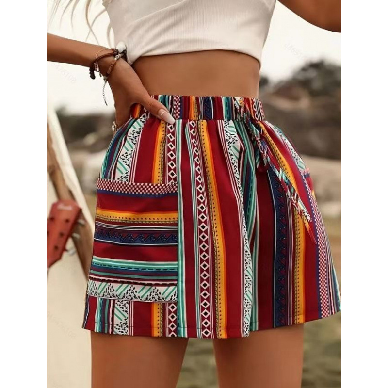 2025 Spring/Summer Amazon Independent Site Cross-Border Bohemian Style Casual Vacation Striped High-Waisted Pocket Shorts