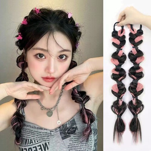 Ponytail with partial highlights, braided hair, long hair, high ponytail, false hair, spicy girl, boxing braids, colorful messy braids, twin ponytails