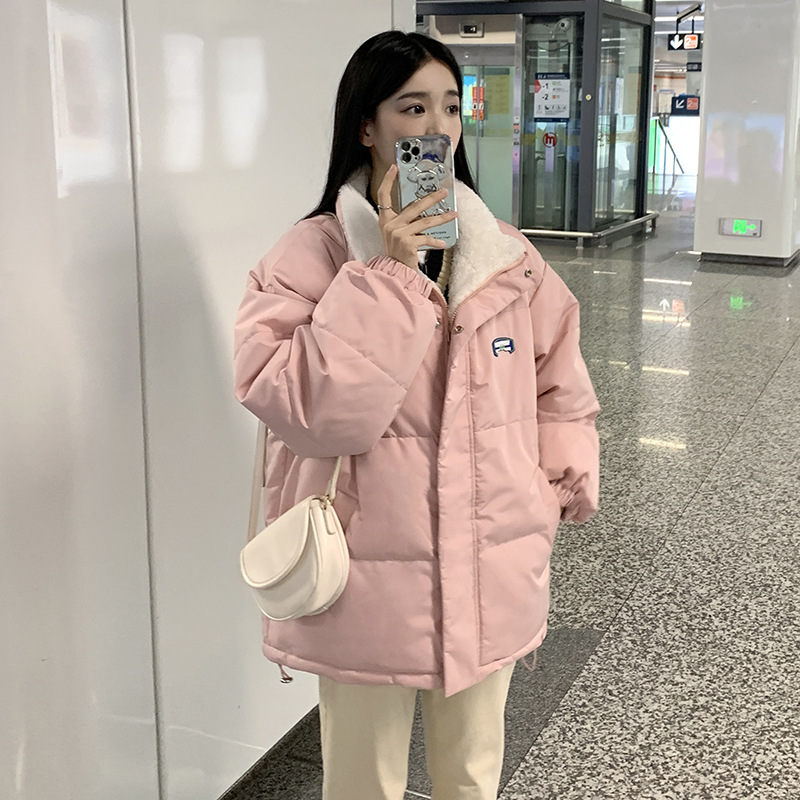 新款女式宽松慵懒风双面穿棉衣冬季日系羊羔绒棉服保暖外套潮|undefined