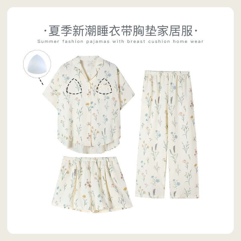 Li Yin Niche Designer's New Bubble Foam Women's Pajamas Summer Short-Sleeved Three-Piece Set for Going Out and Home Wear