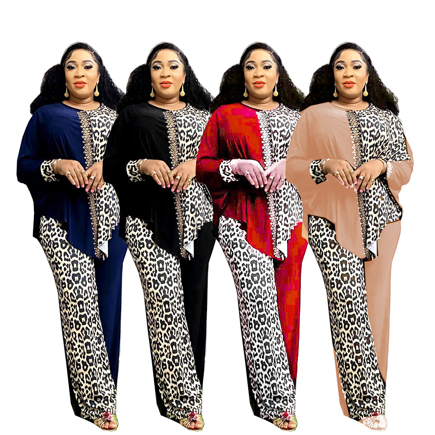 Women's Clothing large size loose bat sleeve leopard print color matching hot diamond top with trousers suit_voghion.com