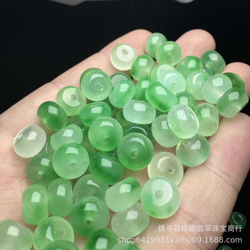 冰透飘绿花10×6mm算盘珠玉散珠 diy玉石饰品配饰玉石配件批发|undefined