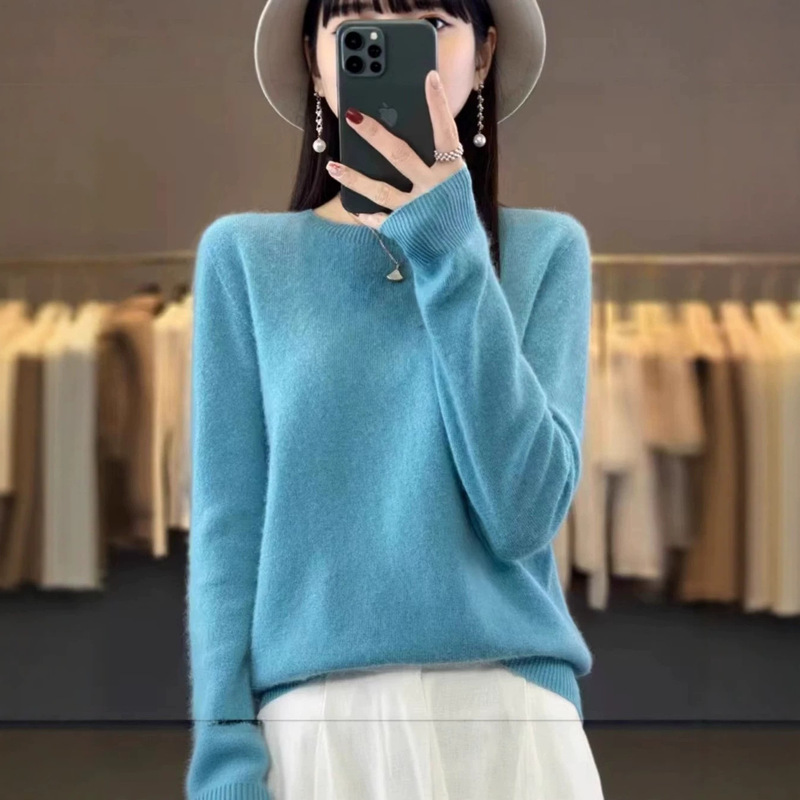 Dropshipping Autumn and Winter 100% Pure Wool Sweater for Women, Round Neck Knitted Base Shirt, Soft and Loose, Slimming Long-Sleeve Top