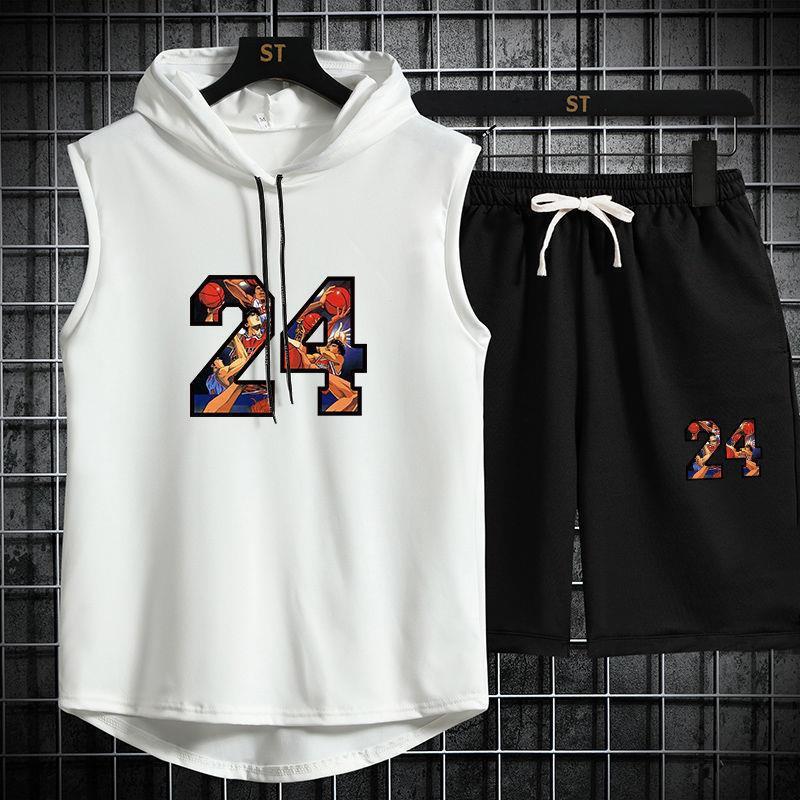 Sleeveless Hooded T-shirt Men's Hooded Vest Men's Shorts suit Summer Men's Fashionable Basketball Sports Men's plus size Loose T
