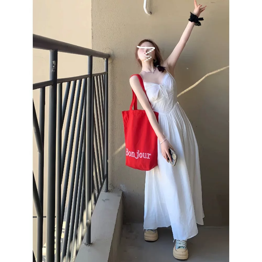 Белое платье-сарафан на подтяжках, ранняя весна-осень 2025, новинка лета, женское, для перерыва на чай, французский стиль, нежный стиль, длинная юбка