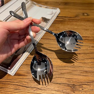 Stainless Steel Salad Spoon Watermelon Spoon Noodle Artifact Creative Spoon and Fork Integrated Western Food Spaghetti Fork Dessert Cake Fork
