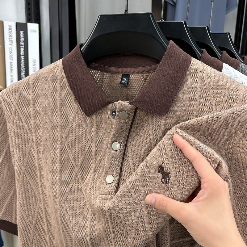 夏の新型ファッション襟付き男性ニット半袖poloシャツゆるいカジュアルジャカードtシャツ中年半袖上着|undefined