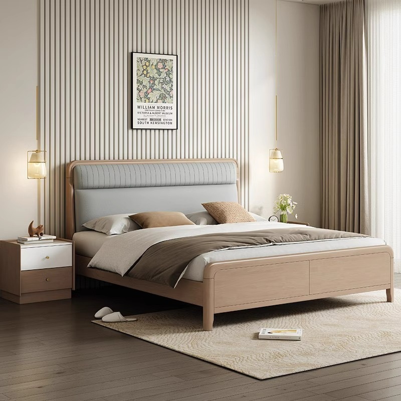Cama de madera maciza completa nórdica 1,5 m cama individual dormitorio principal 1,8 m cama doble de madera maciza estilo crema hogar cama de boda