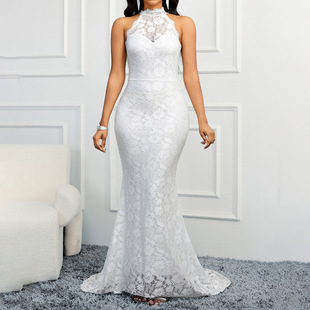 Cross-border Spring Backless New Solid Color Trailing European and American Elegant Slim-fit Party Women's Evening Dress