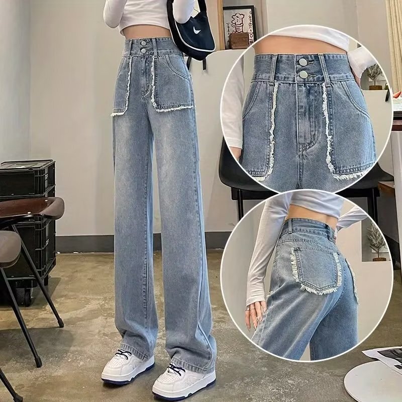Light Blue Wide-Leg Jeans Women's Ultra-High Waist Loose Pear-Shaped Body-Slimming Short Cropped Straight Pants