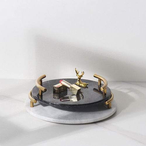 Natural marble round jewelry metal handle storage tray ornaments decoration model room hotel soft decoration