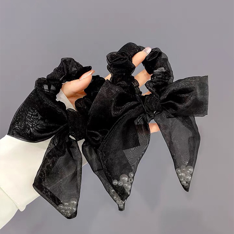 Fashion New Black Mesh Ribbon Large Pearl Bow Headband Hair Accessories display picture 1