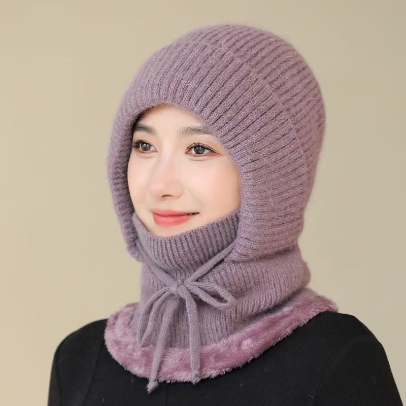 Hat and Scarf Integrated Women's Knitted Warm Hat Autumn and Winter Outdoor Wind and Snow Hat for Middle-Aged and Elderly Mothers Ear Protection One-Piece Winter Hat