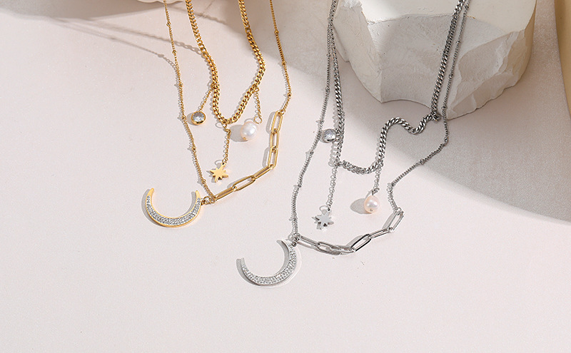 fashion zircon moon pendant double layered titanium steel necklacepicture1