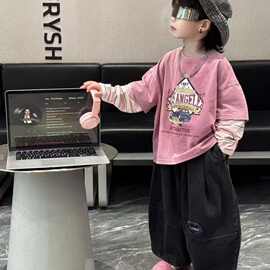 2025秋新款潮男童长袖卫衣+裤两件套韩版洋气 力粉色打底衫中小童