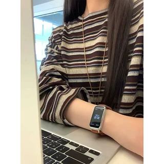 慵懒风圆领条纹针织衫上衣女秋季2026新款宽松显瘦高级感长袖T恤