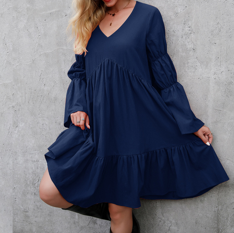 Fashion Solid Color V Neck Long Sleeve Ruffles Cotton Dresses Above Knee A-line Skirt display picture 16