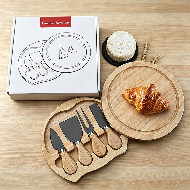 Caja de madera redonda de goma transfronteriza cuchillo de queso pizzeria pan snack platos de comidas occidentales cuchillo de queso conjunto bandeja