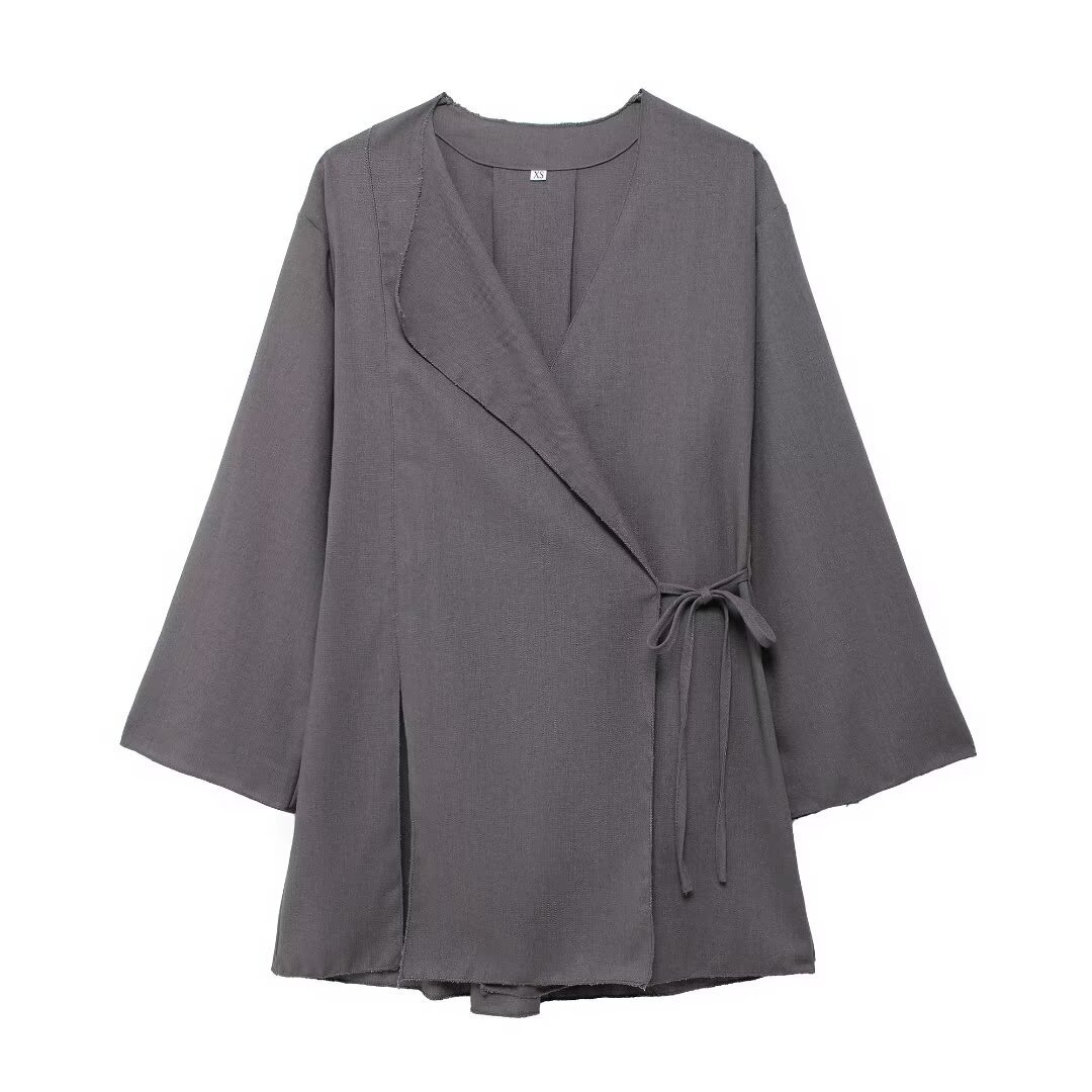 Ensemble veste de costume à col en V en lin pour femme 2024 été avec pantalon fendu_voghion.com