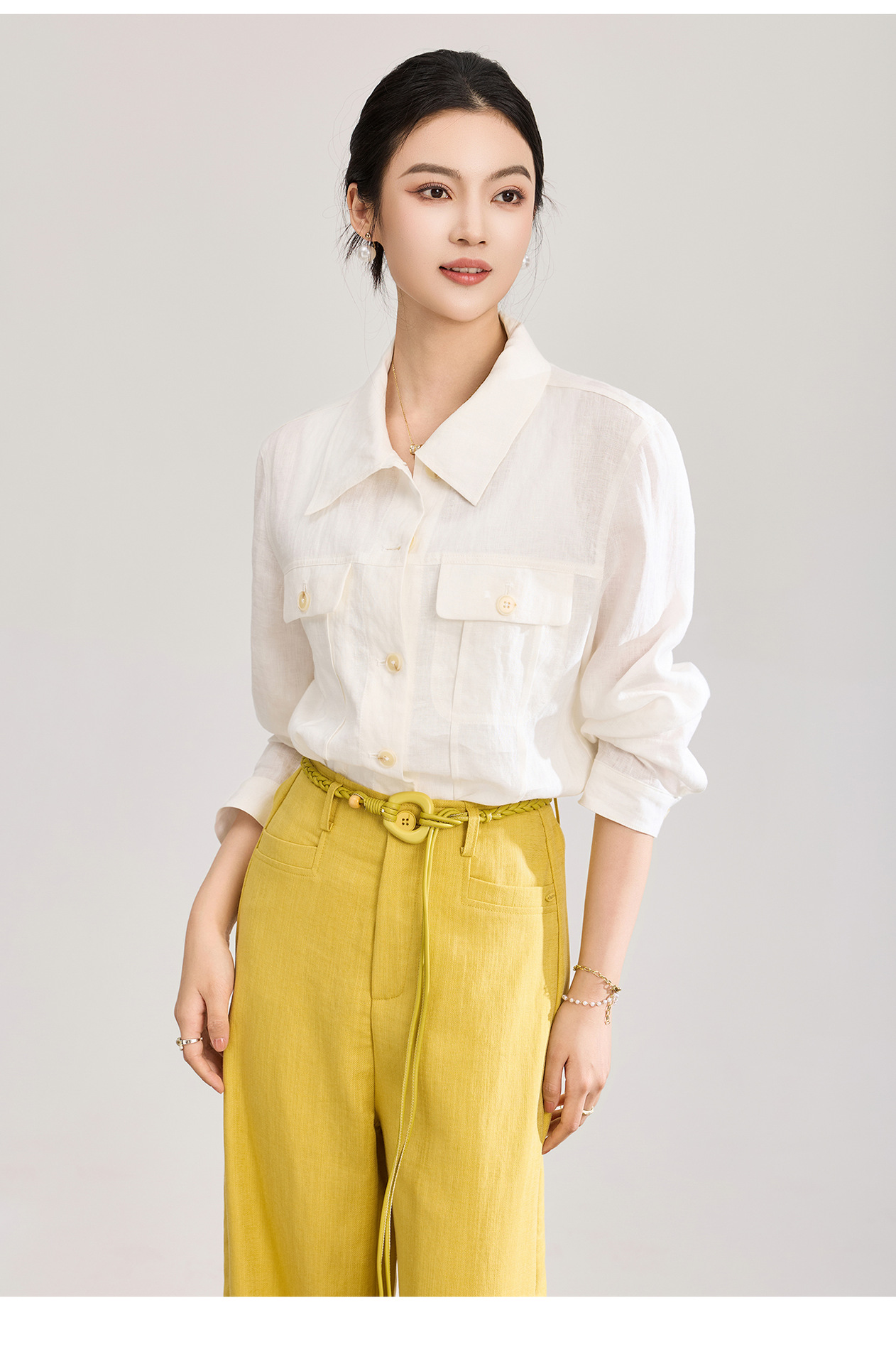 Áo sơ mi nữ linen phong cách Old Money hai túi xếp ly kiểu công nhân — màu cam chi tiết 16