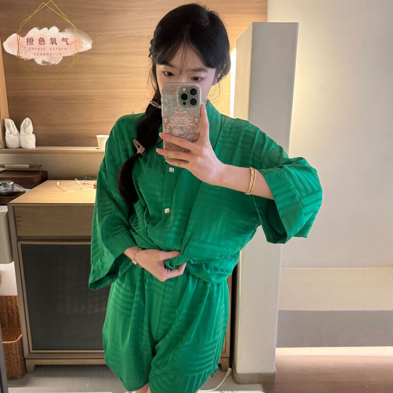 [B V] pajamas set summer new high-end sense BV green silk-like shorts home clothes two-piece suit for women