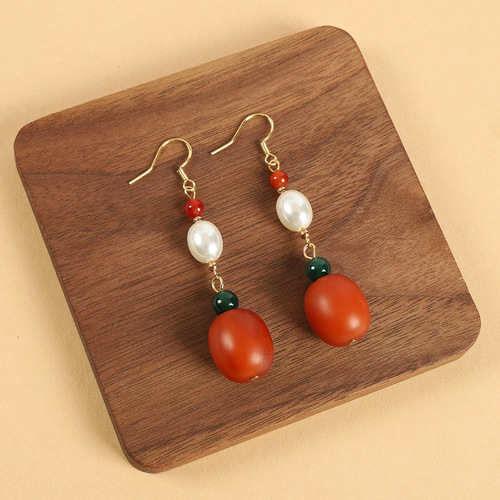 Niche design ethnic style beeswax earrings retro long style artistic temperament female ancient style cheongsam simple Tibetan style earrings
