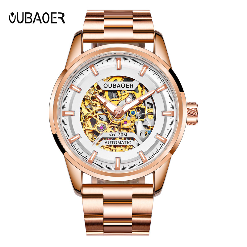 OUBAOER Opel OB2002C hombres reloj mecánico automático industria pesada diseño hueco reloj de acero inoxidable