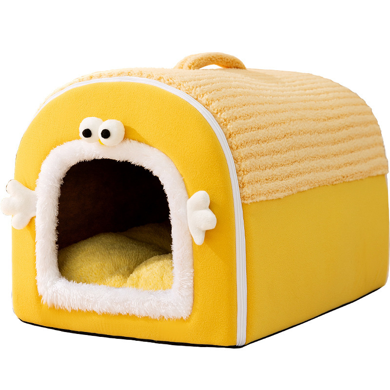 Casa de ojos grandes y lindos, invierno caliente cama de perro desmontable y lavable, cuatro estaciones de cabello dorado, perros cerrados, perros