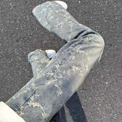 美式提花牛仔裤高街vibe裤子男款水洗直筒微喇弯刀裤