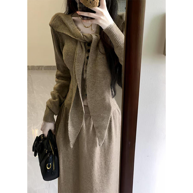 套装女春季新款高级感气质方领针织上衣外搭披肩高腰半身裙潮|undefined