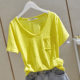 Slub cotton short-sleeved T-shirt for women 2024 Summer new V-neck straight cloth patch pocket solid color top bottoming fashion