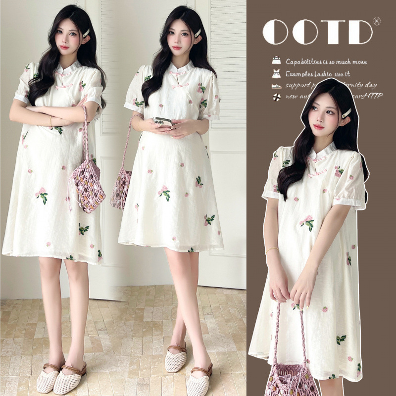Maternity Wear, New Summer Loose-Fitting Dress, New Chinese-Style Embroidered Cheongsam Dress for Pregnant Women to Wear Outside Maternity Wear, New Summer Loose-Fitting Dress, New Chinese-Style Embroidered Cheongsam Dress for Pregnant Women to Wear Outside