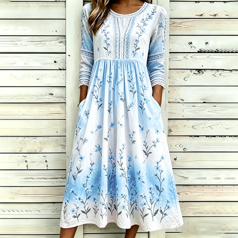 Amazon Cross-Border Best-Selling European and American Women's Clothing, Mid-Length Sleeve Dress with Side Pockets, Round Neck, Loose and Fashionable Women's Dress Amazon Cross-Border Best-Selling European and American Women's Clothing, Mid-Length Sleeve Dress with Side Pockets, Round Neck, Loose and Fashionable Women's Dress