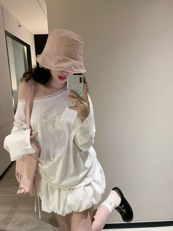 设计感蝴蝶结蕾丝露肩防晒罩衫白色长袖T恤女2025夏纯欲宽松上衣|undefined