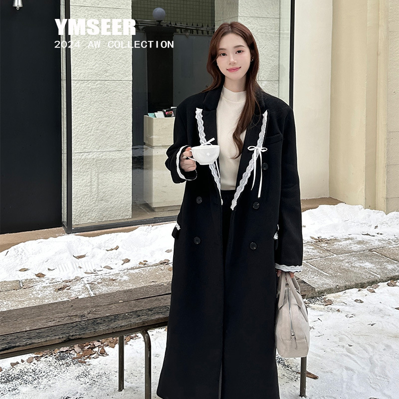 고급 우아한 양모 코트 여성 가을 및 겨울 새로운 한국식 틈새 대비 컬러 롱 코트 노동 및 소재
