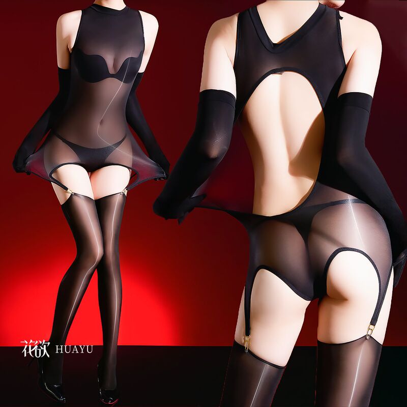 Sexy Hollow-Out Shiny Stockings with Detachable Separate Garter Belt Swimsuit Bodysuit 5D Ultra-Thin Silky Sexy Black Stockings
