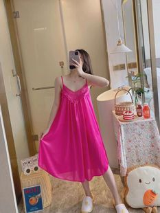 Foreign Trade Cross-border Sexy Silk Nightgown Women's Summer Short-sleeved Sweet Beauty Lace Ice Silk Long Dress for Outer Wear Home Clothes