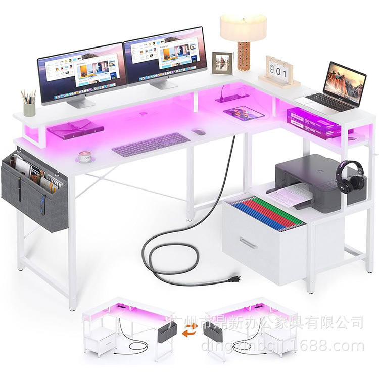 Computer Desk with File Drawer Cabinet L-Shaped Office Desk Monitor Stand Gaming Desk Led Light Cross-Border