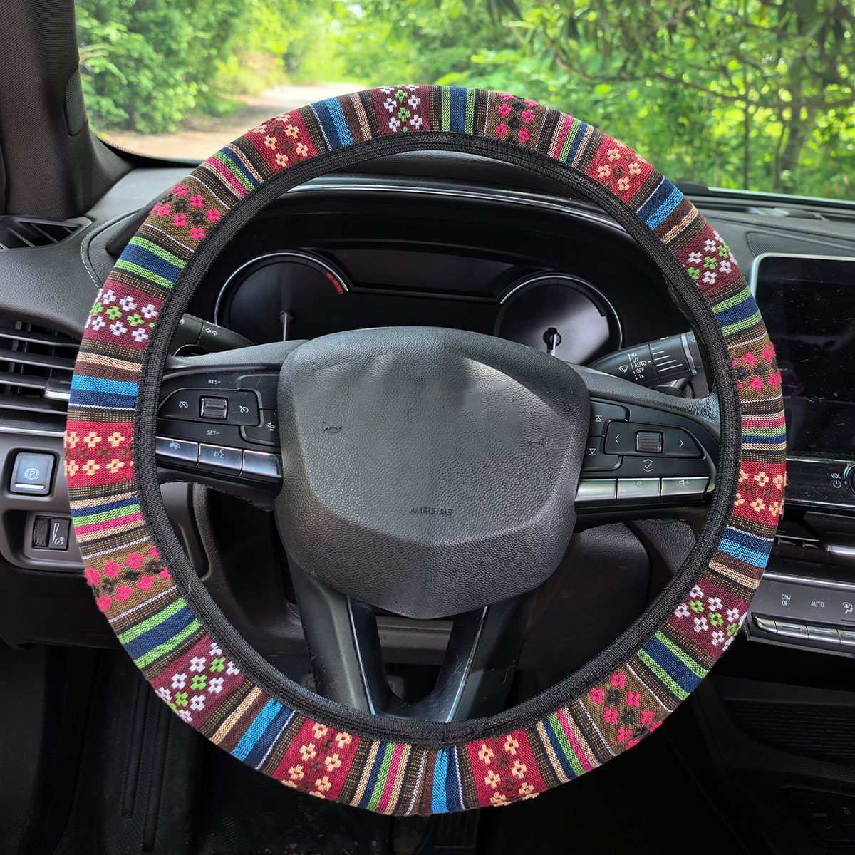 Ethnic-style linen car steering wheel cover without inner ring, elastic strap handle cover, AliExpress cross-border Amazon