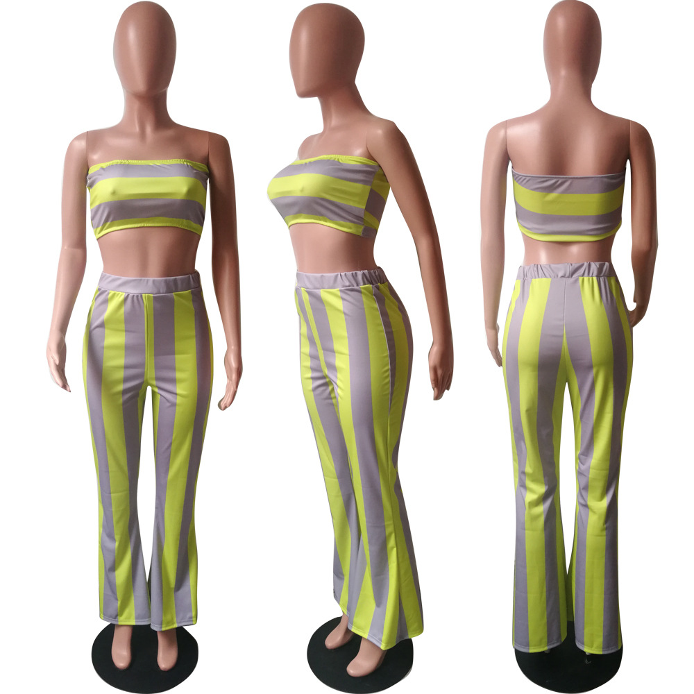 Damen Bandeau Oberteil Und Schlaghose Im Streifenlook Set_voghion.com