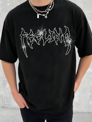 Cross-border hot drilling rock font T-shirt men's summer art casual black short-sleeved trendy street top